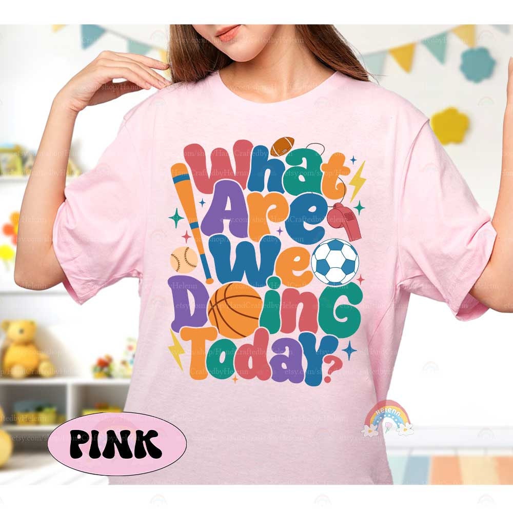 A bright and playful graphic with the phrase What are we doing today in large colorful letters surrounded by sports-related icons such as a basketball soccer ball baseball bat and football creating a lively and engaging design
