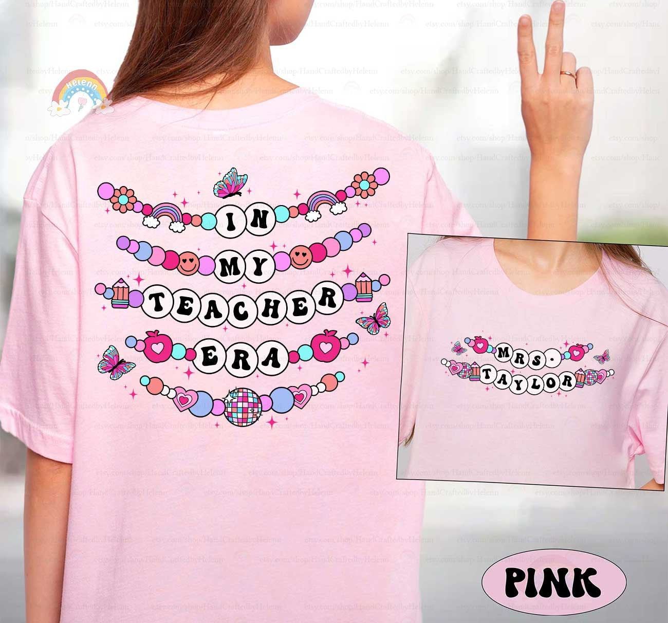 A bright and energetic design featuring In My Educator Era spelled out in beads with accents like smiley faces, hearts, and a disco ball, adding a fun and magical touch.