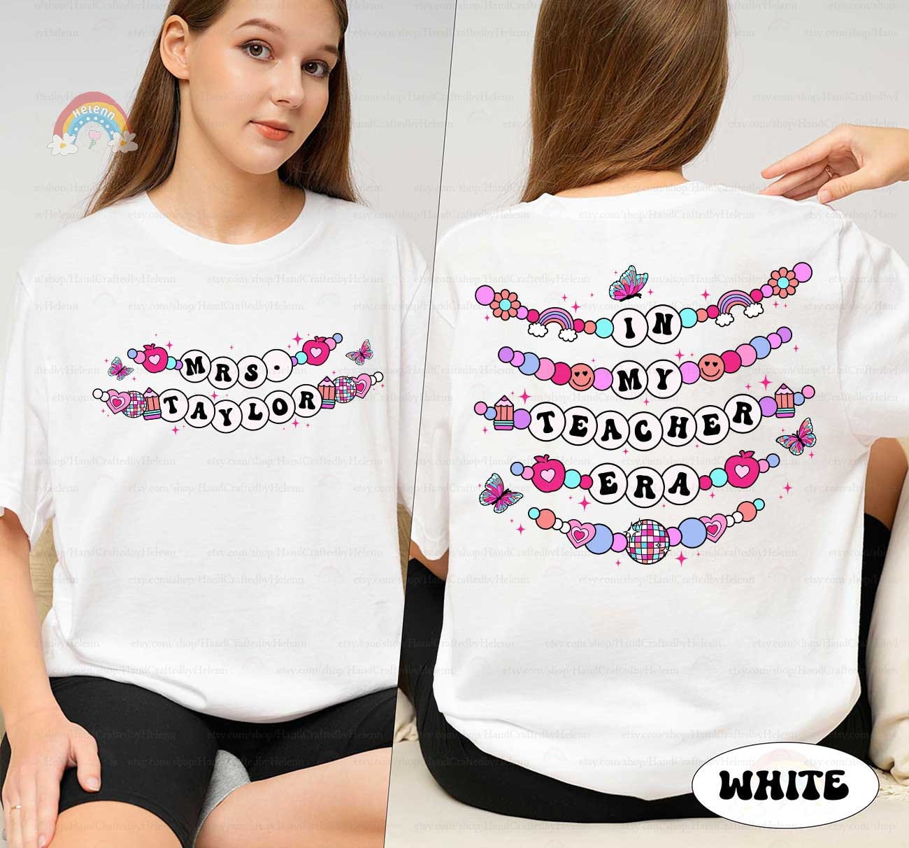 A whimsical graphic with In My Educator Era in bold beaded-style letters, surrounded by colorful elements like rainbows, hearts, and butterflies, set on a pink background for a joyful theme.