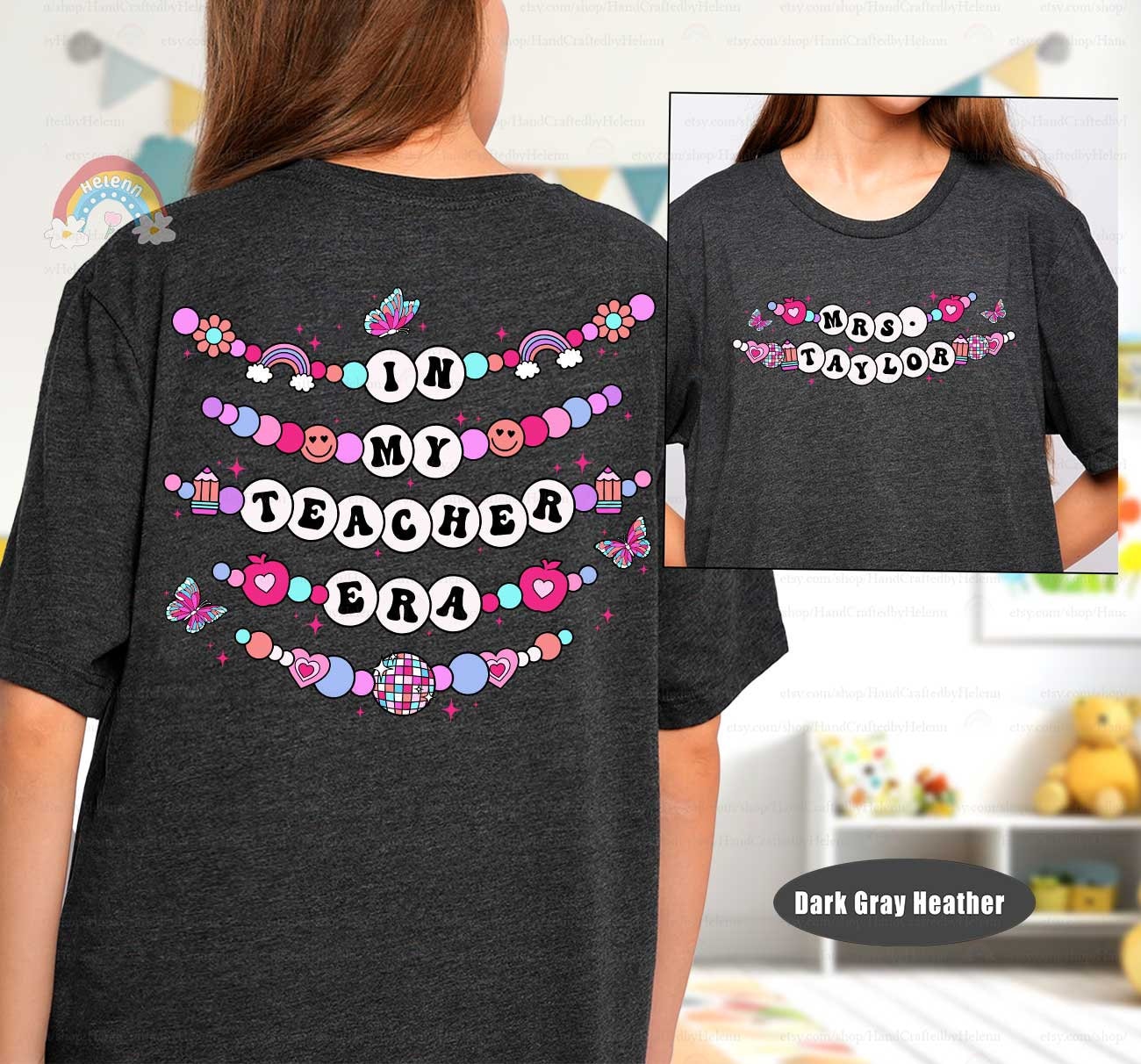 A lively design showcasing In My Educator Era in beaded letters, with playful decorations such as butterflies, hearts, and a disco ball, perfect for a fun and engaging classroom vibe.
