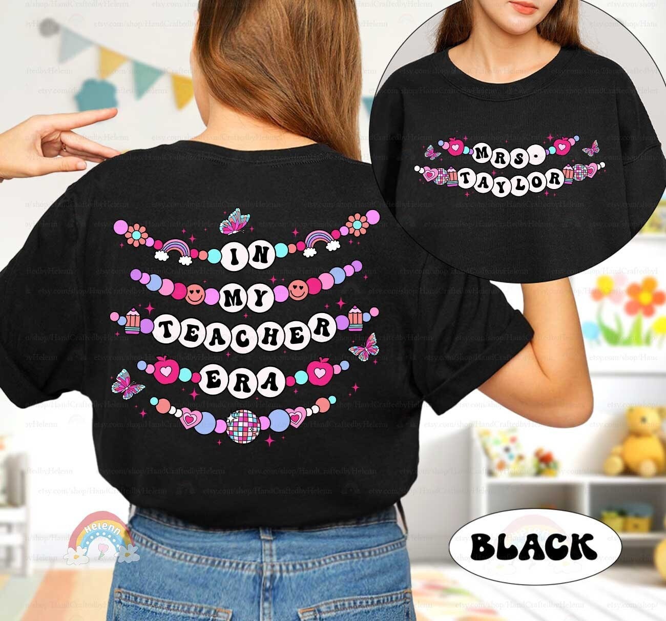 A playful design featuring the phrase In My Educator Era spelled out in beaded letters with colorful accents like hearts, rainbows, and butterflies, set against a pink background.