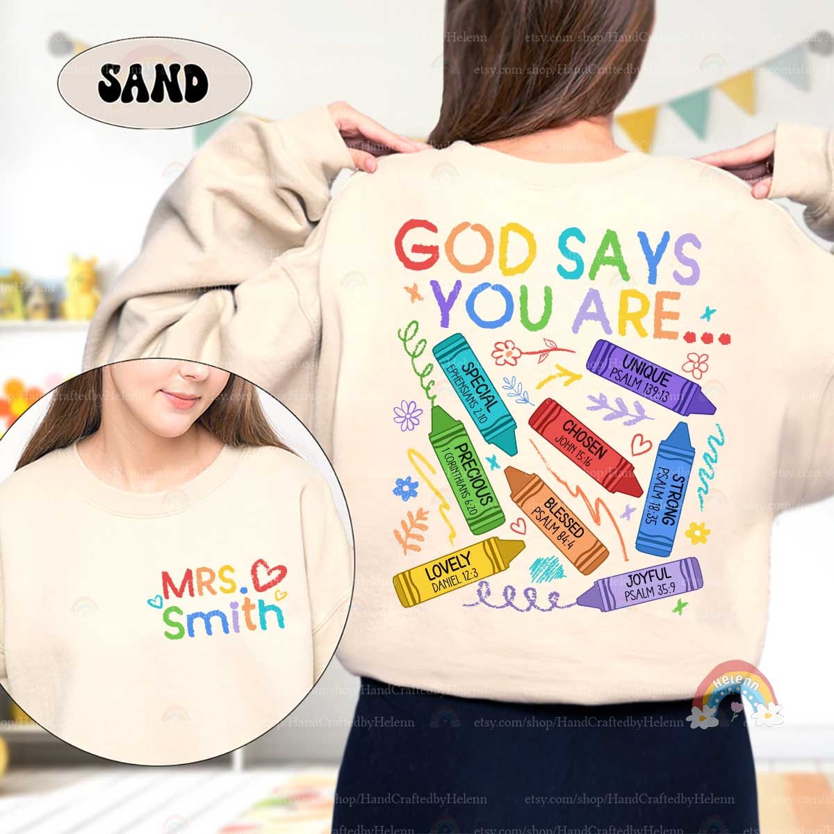 A playful and uplifting design featuring the phrase God Says You Are with colorful crayons highlighting attributes like unique and joyful along with their Bible verse references.