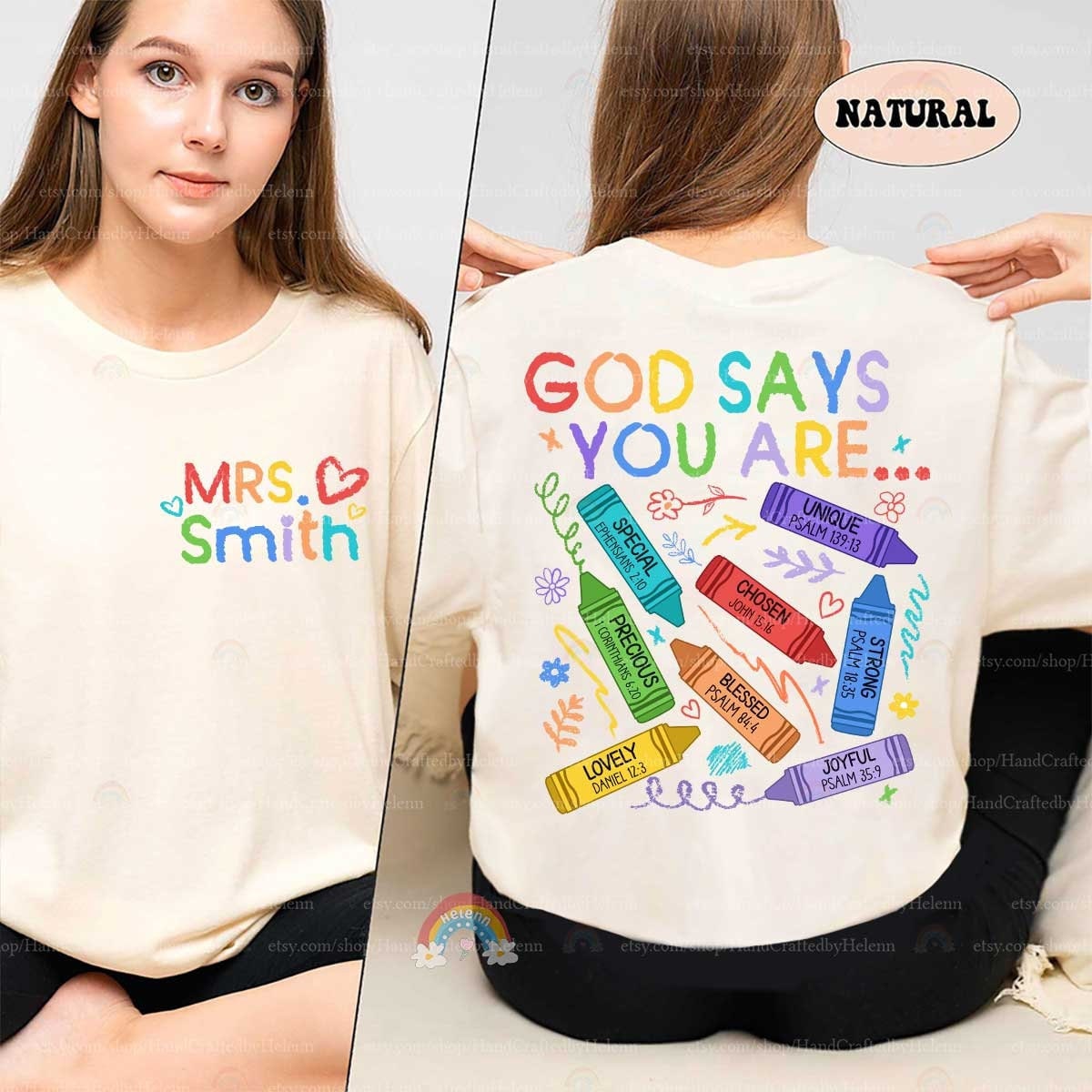 A colorful design featuring the phrase God Says You Are with vibrant crayons labeled with positive affirmations like special chosen and unique each paired with a Bible verse.