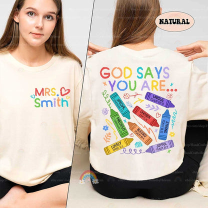 A colorful design featuring the phrase God Says You Are with vibrant crayons labeled with positive affirmations like special chosen and unique each paired with a Bible verse.