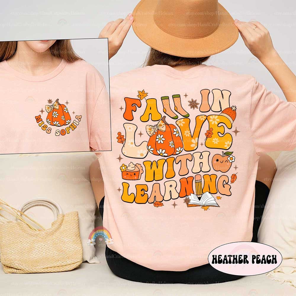 Custom Teacher Fall Shirt, Fall In Love With Learning Retro Pumpkin Teacher Shirt, Thanksgiving Spooky Teacher Sweatshirt, Teacher Gifts