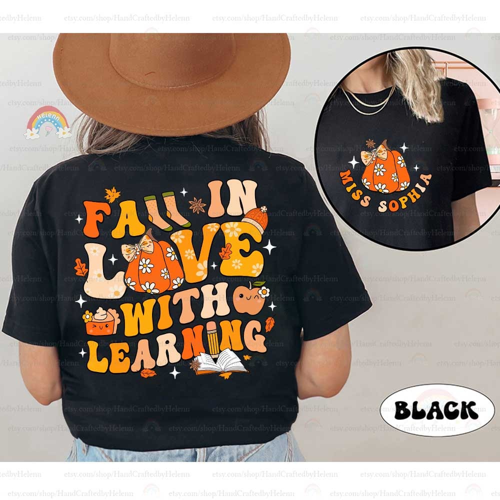 Custom Teacher Fall Shirt, Fall In Love With Learning Retro Pumpkin Teacher Shirt, Thanksgiving Spooky Teacher Sweatshirt, Teacher Gifts