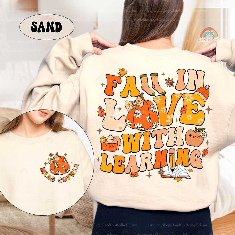 Custom Teacher Fall Shirt, Fall In Love With Learning Retro Pumpkin Teacher Shirt, Thanksgiving Spooky Teacher Sweatshirt, Teacher Gifts