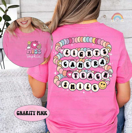 Custom Teacher Shirt Lights Camera Teach Smile Shirt, Teacher Friendship Bracelet, Back To School, 1st Day School, Teacher Appreciation Gift
