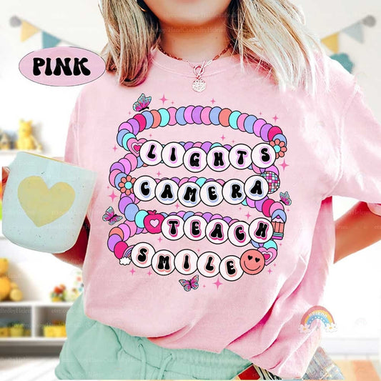 Teacher Shirt, Lights Camera Teach Smile, Back To School Shirt, Teacher Friendship Bracelet, Funny Teacher Shirt, Teacher Appreciation Gift