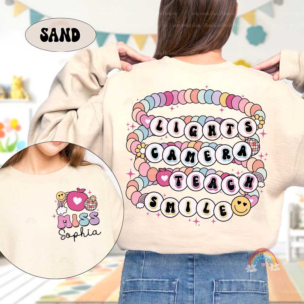 Custom Teacher Shirt Lights Camera Teach Smile Shirt, Teacher Friendship Bracelet, Back To School, 1st Day School, Teacher Appreciation Gift