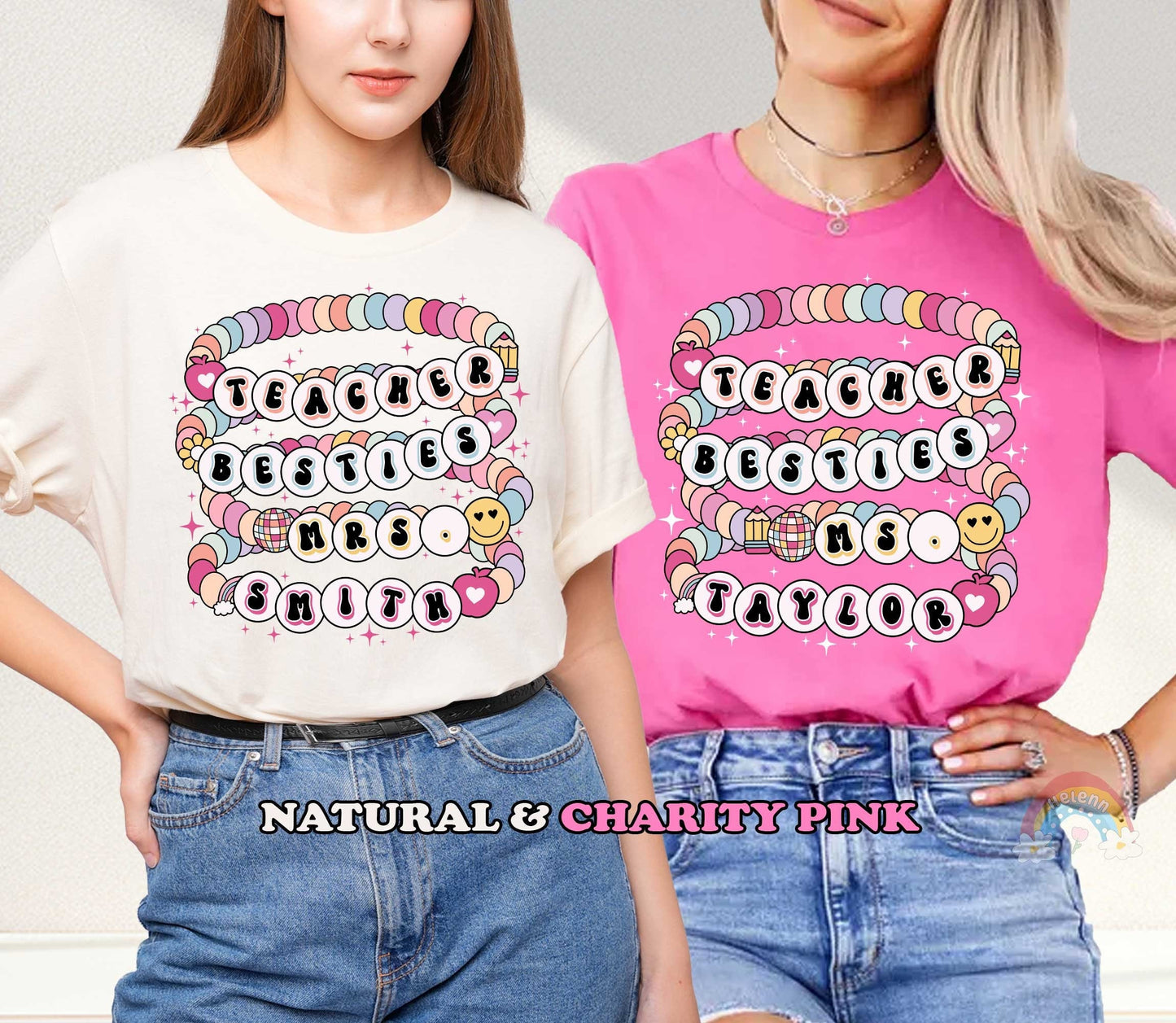 Playful beaded bracelet-style text featuring vibrant colors and personalized names. This design creatively celebrates the special bond between teachers with its bright and charming details.