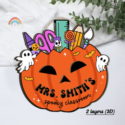 Custom Halloween Teacher Door Hanger Wooden Classroom Door Sign, Pumpkin Teacher Halloween Decoration Spooky Teacher, Teacher Halloween Gift