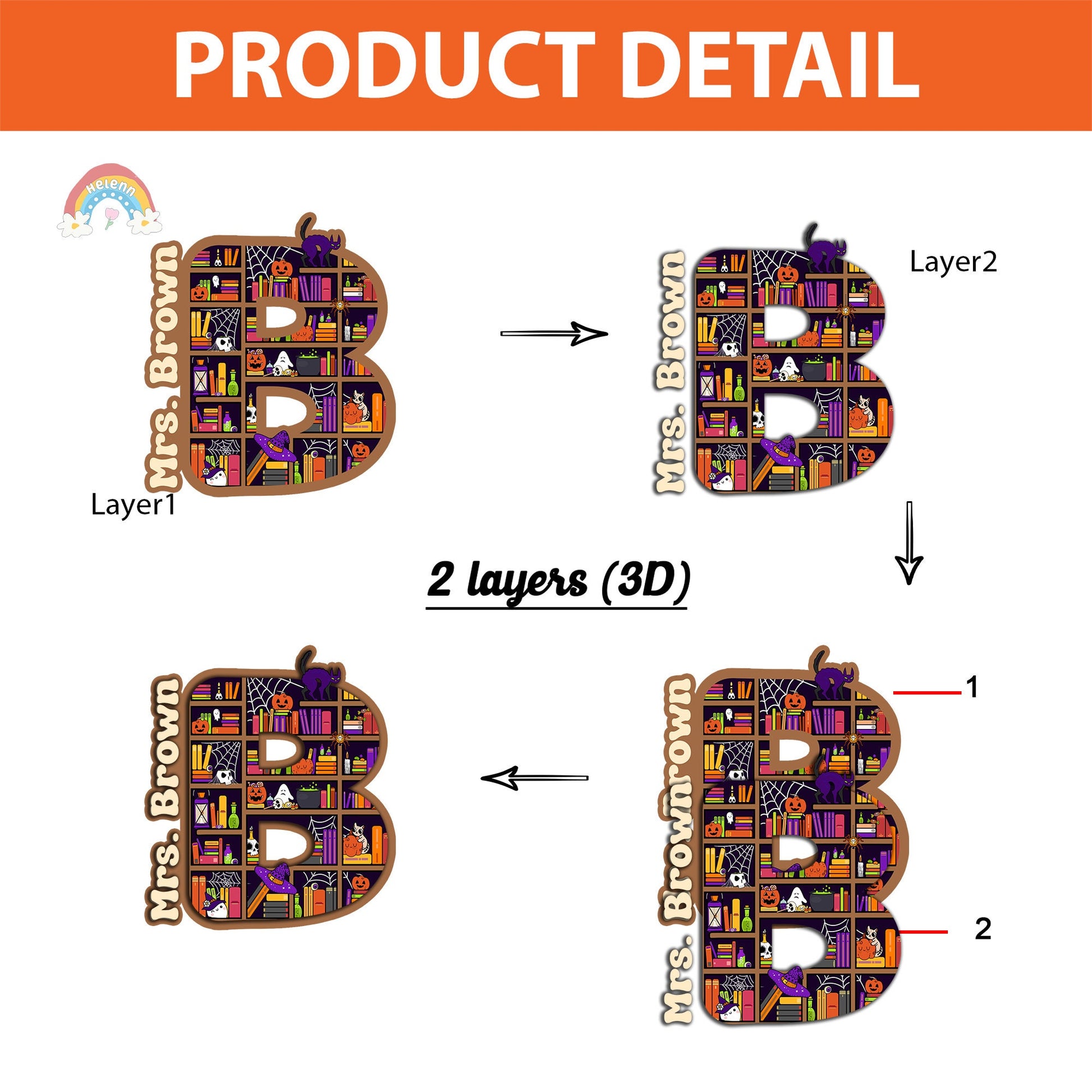 This Halloween door hanger showcases a fun, festive design with a large letter B filled with themed decorations like pumpkins, cobwebs, and ghosts. The name Mrs. Brown gives it a personalized charm.