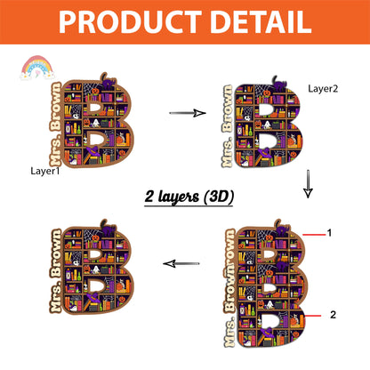 This Halloween door hanger showcases a fun, festive design with a large letter B filled with themed decorations like pumpkins, cobwebs, and ghosts. The name Mrs. Brown gives it a personalized charm.