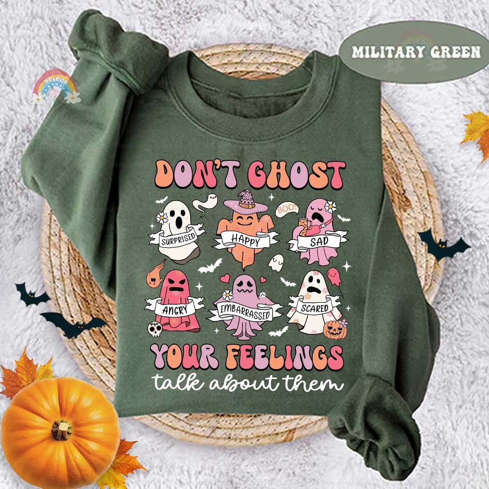 Fun ghosts represent different feelings, accompanied by the message Don’t Ghost Your Feelings, urging open conversations about emotions.