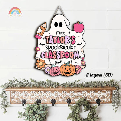 Teacher Door Hanger Halloween Decoration, Pumpkin Ghost Teacher Spooktacular, Custom Wooden Classroom Door Sign, Teacher Halloween Gifts