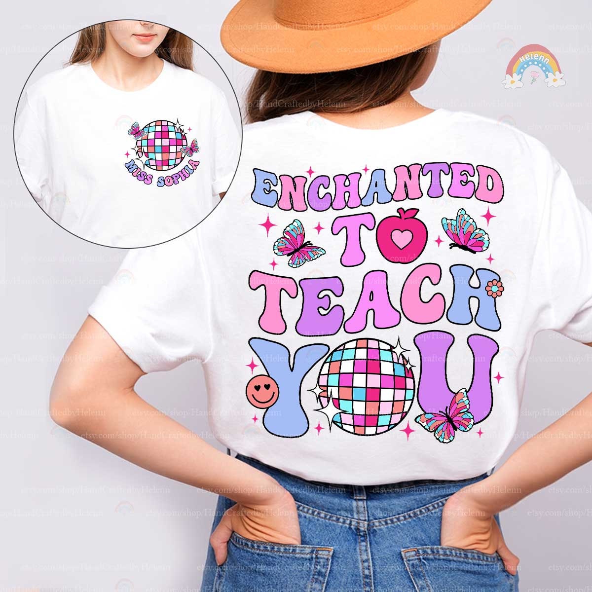 A whimsical shirt design with Enchanted to Teach You in bold, vibrant fonts, decorated with butterflies, a heart apple, and a checkered disco ball, creating an enchanting look.