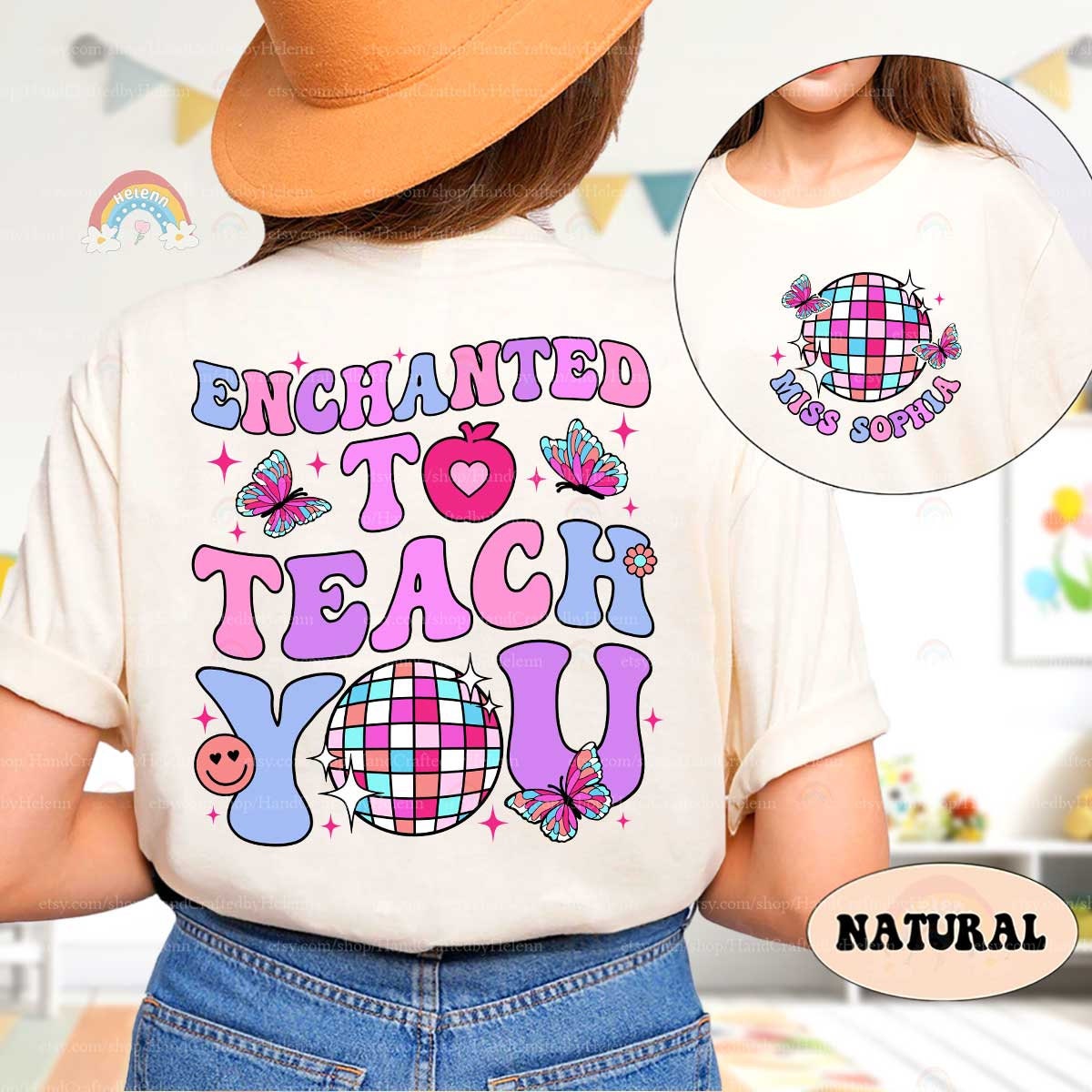 A lively design showcasing Enchanted to Teach You in bold, whimsical letters with playful icons like butterflies, a heart-shaped apple, and a disco ball.