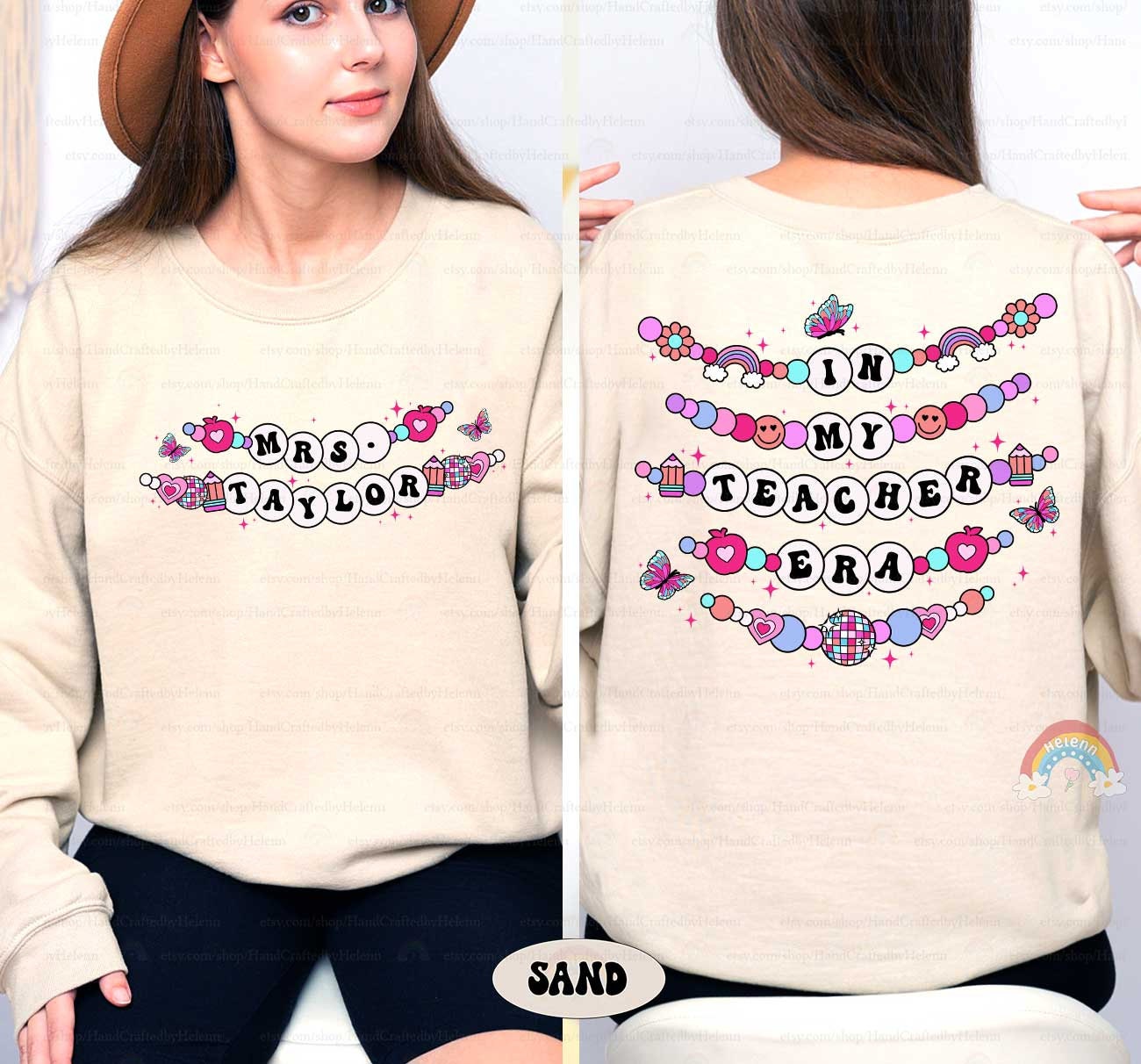 A fun and cheerful design with the words In My Educator Era spelled out in beads, adorned with icons like butterflies, hearts, and rainbows, creating a lively and colorful look.