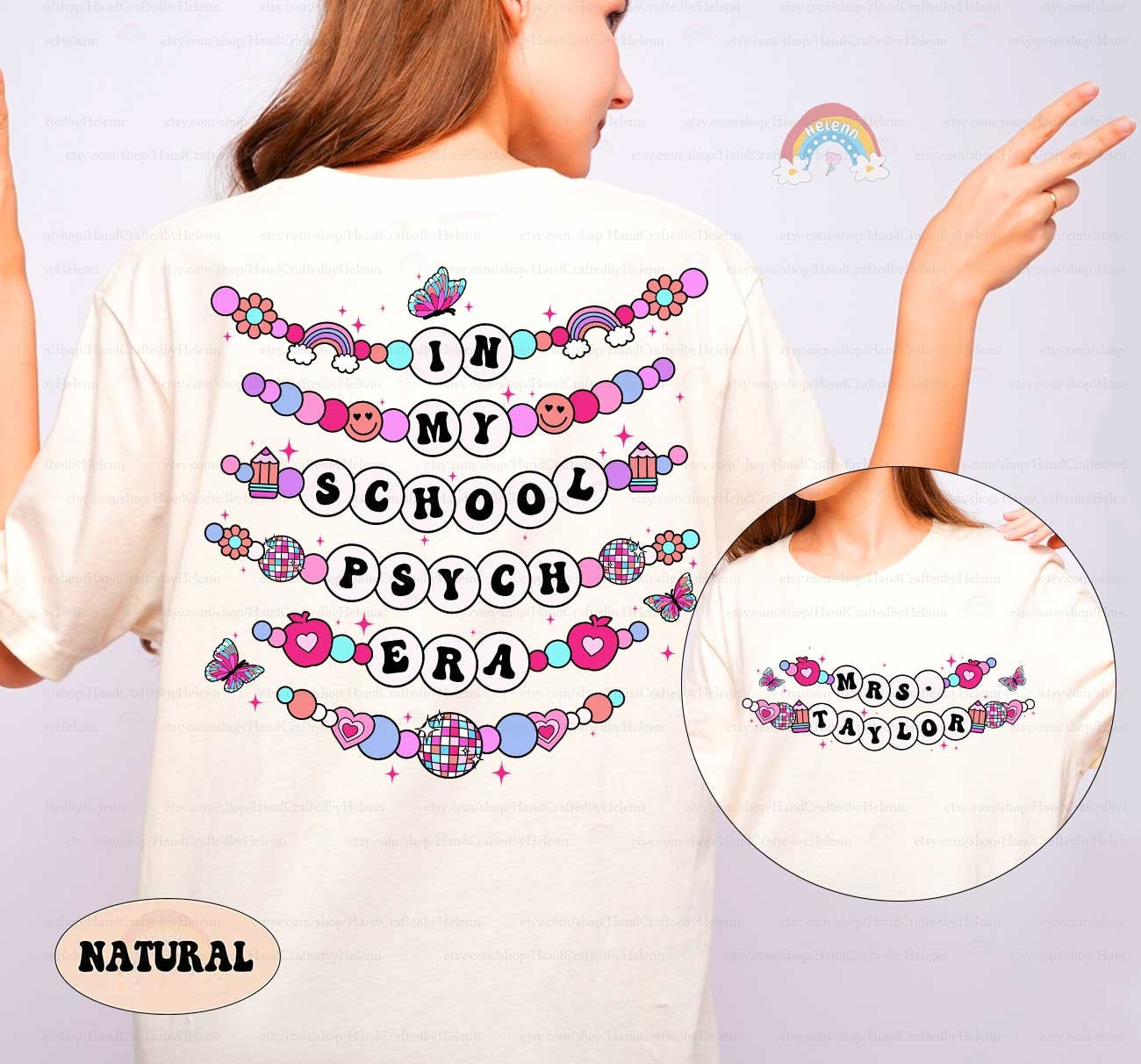 A vibrant graphic displaying In My Educator Era in beaded-style letters, surrounded by whimsical elements like smiley faces, apples, and a disco ball, all on a pink backdrop.