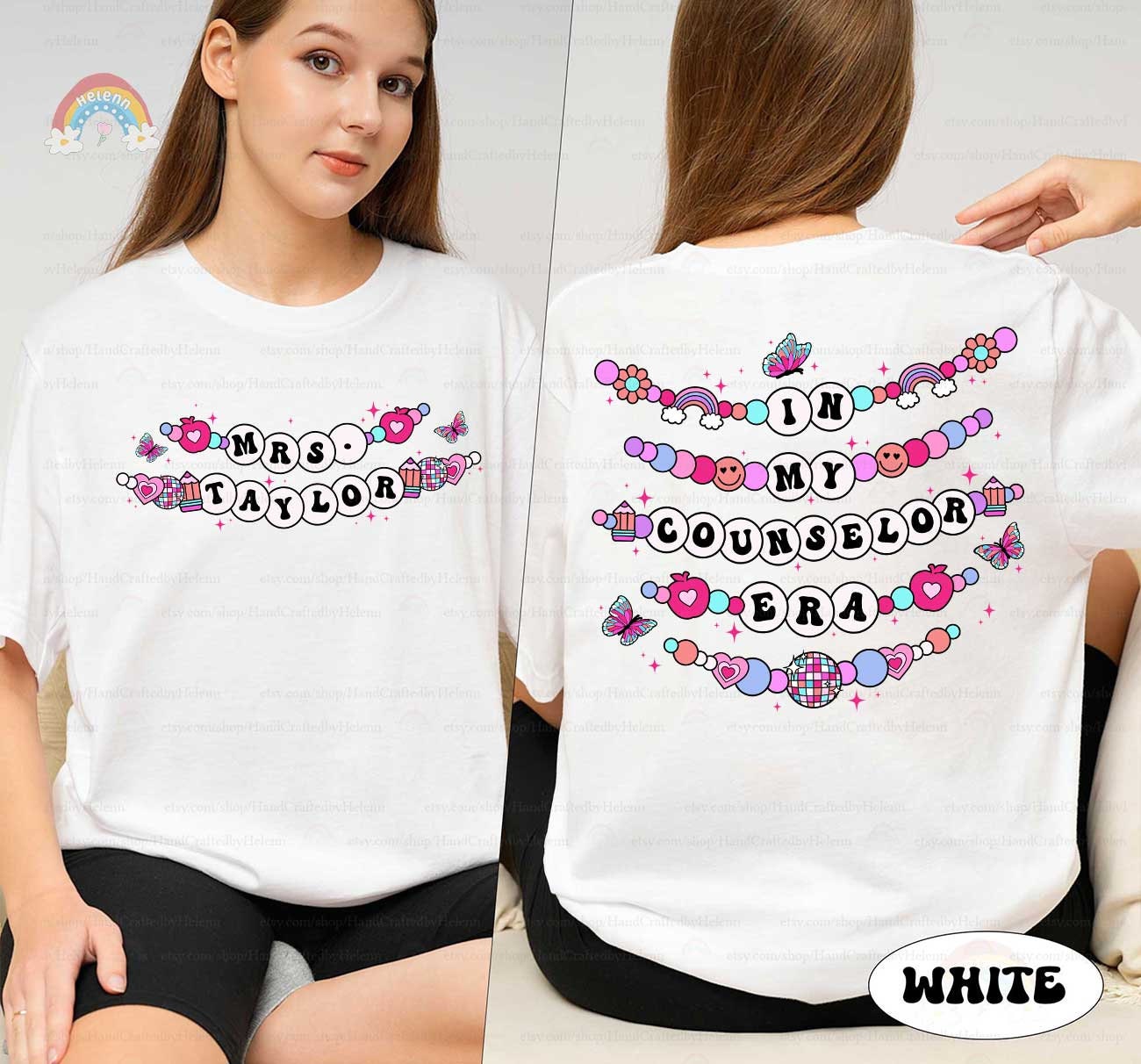 A whimsical graphic with In My Educator Era in bold beaded-style letters, surrounded by colorful elements like rainbows, hearts, and butterflies, set on a pink background for a joyful theme.