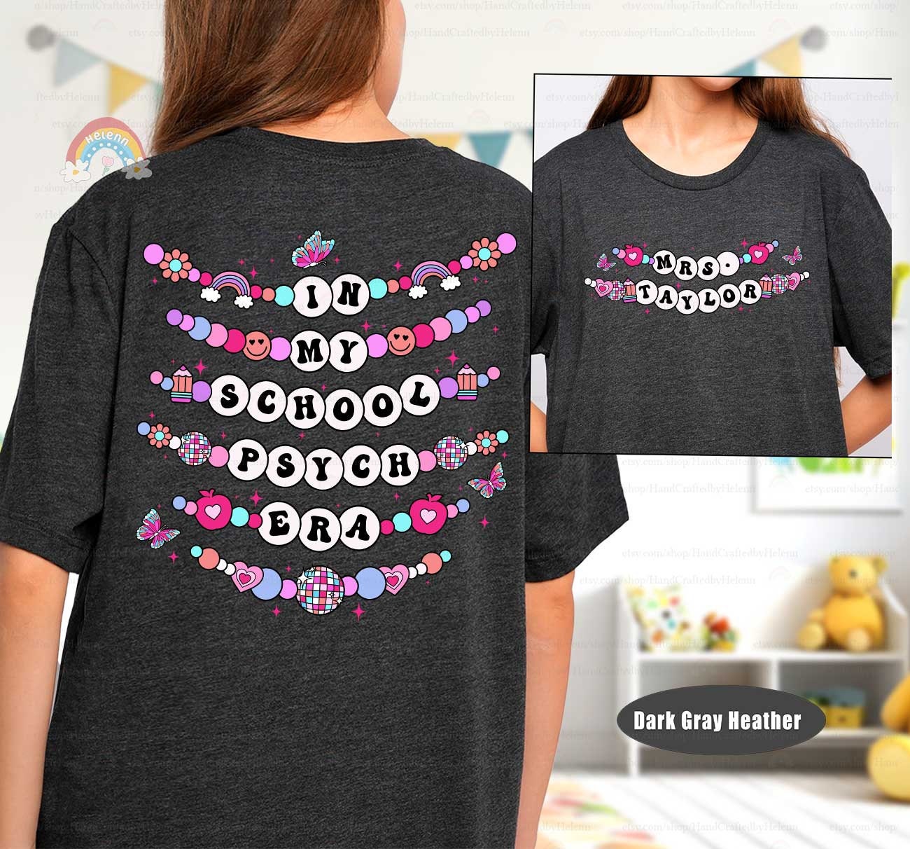 A fun and cheerful design with the words In My Educator Era spelled out in beads, adorned with icons like butterflies, hearts, and rainbows, creating a lively and colorful look.