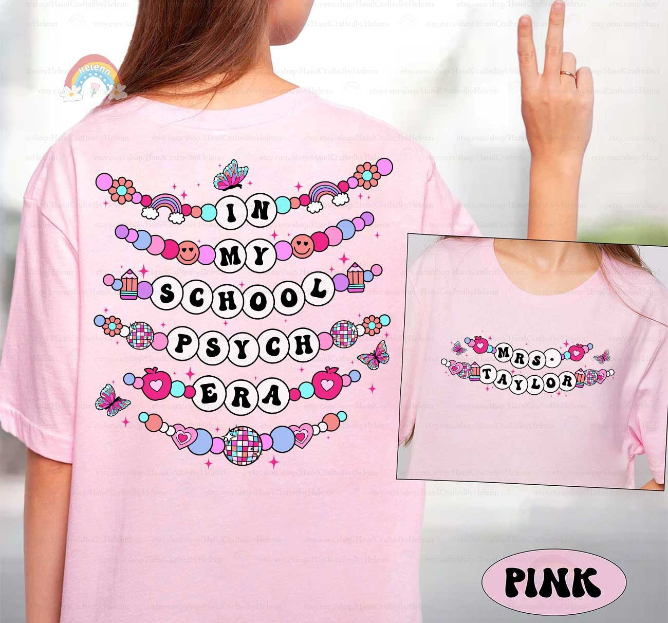 A whimsical graphic with In My Educator Era in bold beaded-style letters, surrounded by colorful elements like rainbows, hearts, and butterflies, set on a pink background for a joyful theme.