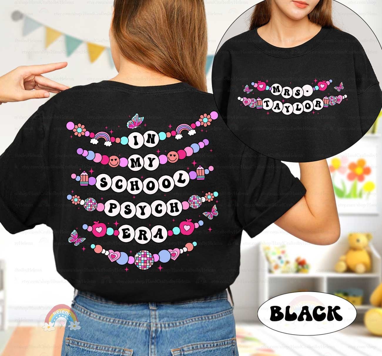 A playful design featuring the phrase In My Educator Era spelled out in beaded letters with colorful accents like hearts, rainbows, and butterflies, set against a pink background.