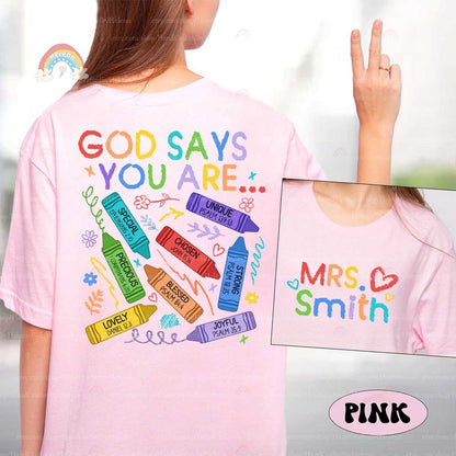 A lively graphic with God Says You Are in colorful letters surrounded by crayons labeled with positive traits like blessed special and chosen each linked to a Bible verse.