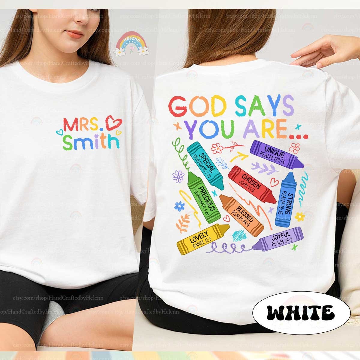 A vibrant design showcasing God Says You Are with crayons representing affirmations such as strong lovely and fearless each with a related Bible verse.