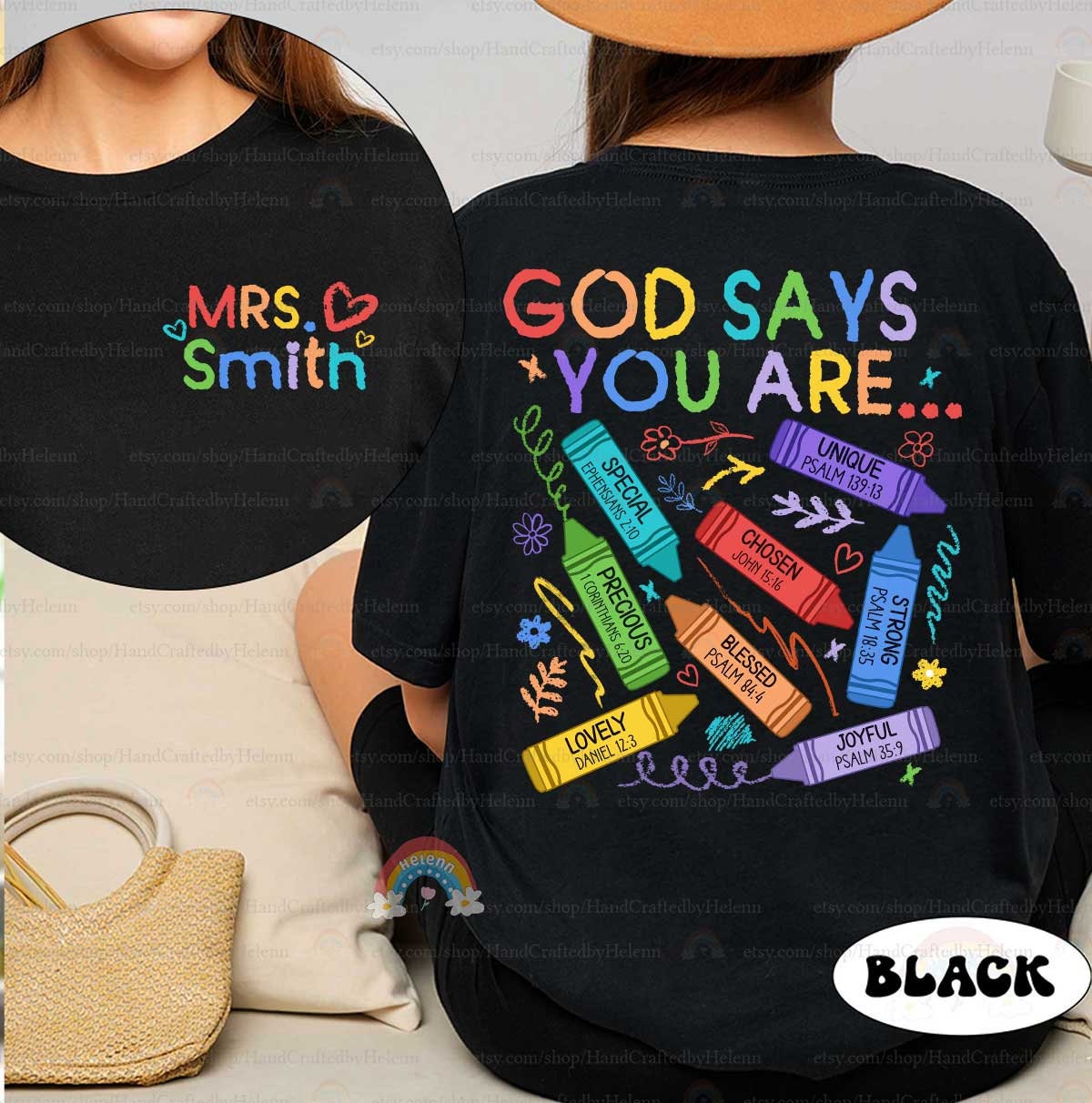 A bright and cheerful graphic displaying God Says You Are surrounded by crayons labeled with words like precious blessed and joyful with corresponding Bible verses.