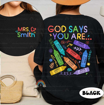 A bright and cheerful graphic displaying God Says You Are surrounded by crayons labeled with words like precious blessed and joyful with corresponding Bible verses.