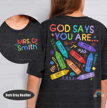 A joyful design displaying God Says You Are with a variety of crayons each labeled with affirmations like lovely precious and strong accompanied by Bible verses.