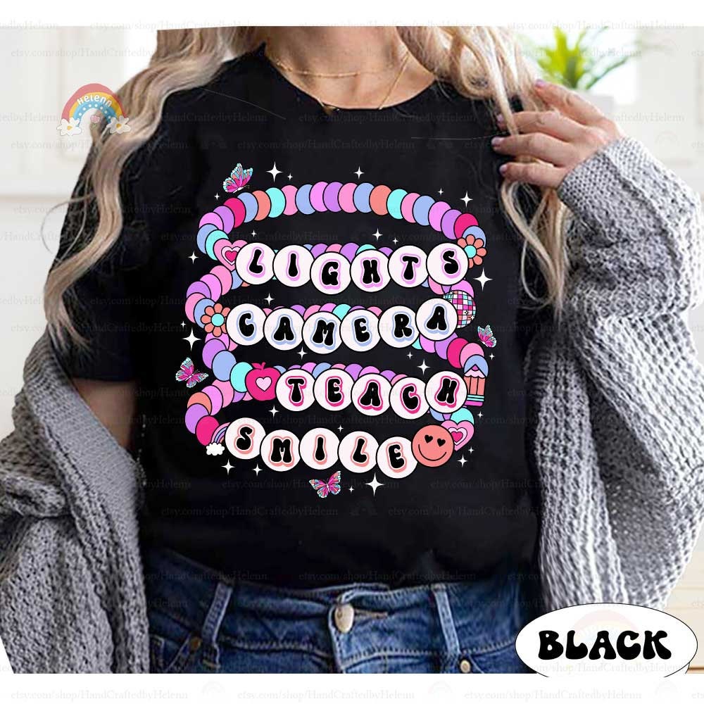 Teacher Shirt, Lights Camera Teach Smile, Back To School Shirt, Teacher Friendship Bracelet, Funny Teacher Shirt, Teacher Appreciation Gift