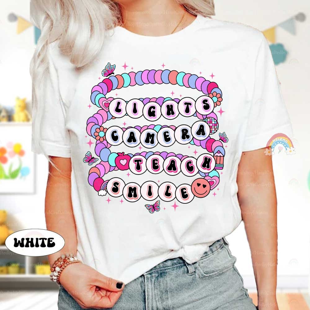 Teacher Shirt, Lights Camera Teach Smile, Back To School Shirt, Teacher Friendship Bracelet, Funny Teacher Shirt, Teacher Appreciation Gift