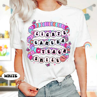 Teacher Shirt, Lights Camera Teach Smile, Back To School Shirt, Teacher Friendship Bracelet, Funny Teacher Shirt, Teacher Appreciation Gift