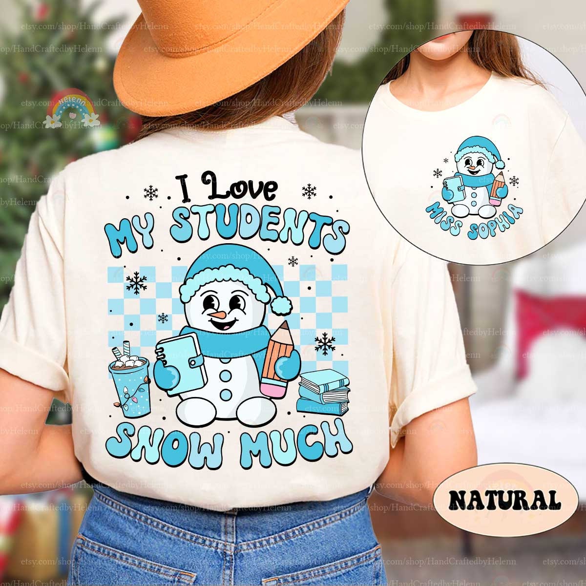 Playful and heartwarming winter T-shirt design with a snowman holding classroom items like a pencil and notebook. The phrase I Love My Students Snow Much, along with snowflakes, adds a fun holiday spirit.