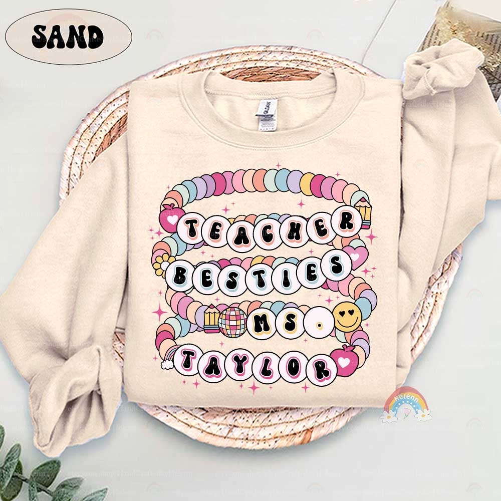 Vibrant beaded bracelet-inspired design with personalized teacher names, celebrating the special bond between educators in a fun and creative way.