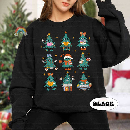 Whimsical T-shirt design with multiple Christmas tree characters, each doing something educational like reading or carrying school supplies. The festive decorations and holiday vibe make it perfect for the classroom.