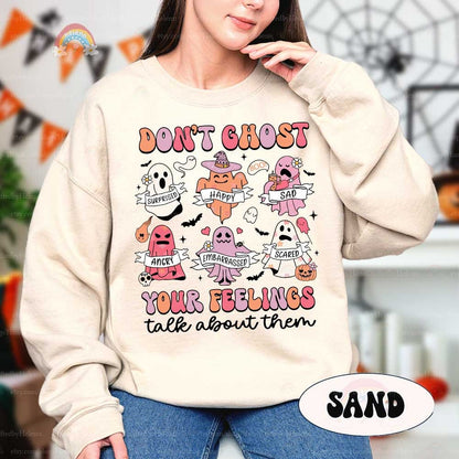 Whimsical ghosts display emotions like happiness and sadness, paired with the message Don’t Ghost Your Feelings, encouraging emotional awareness.