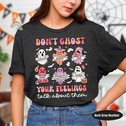 Cute ghost characters express various feelings with the phrase Don’t Ghost Your Feelings, promoting the importance of talking about emotions.