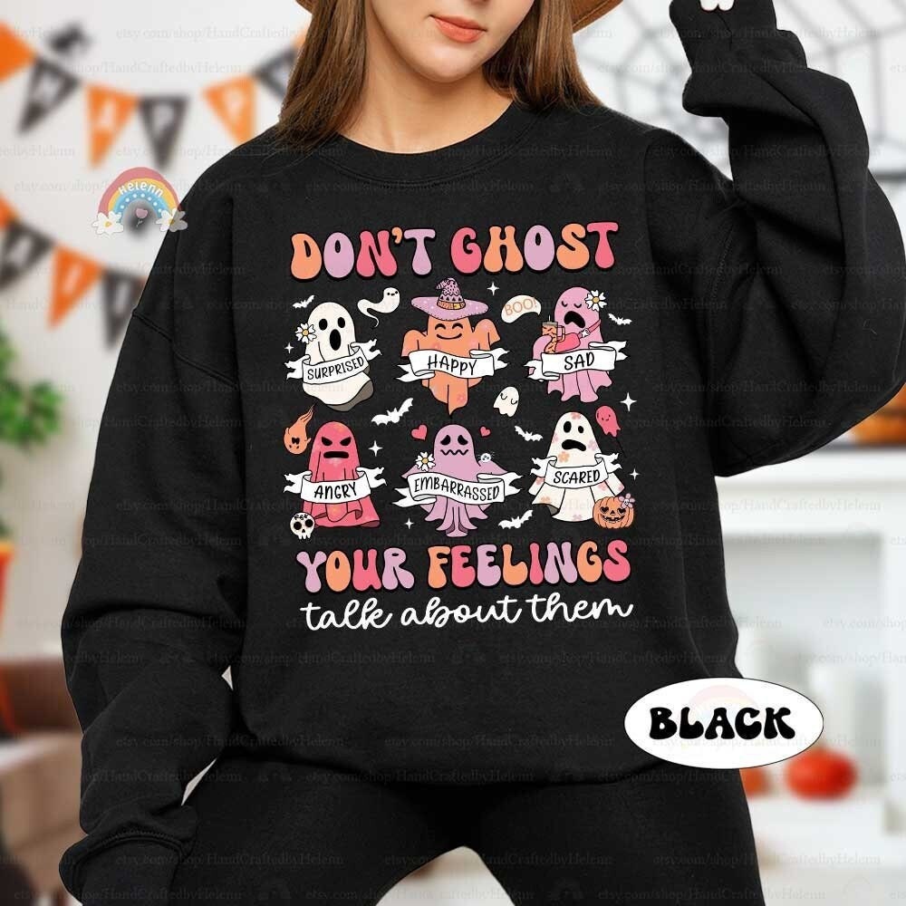 Cute ghost characters express various feelings with the phrase Don’t Ghost Your Feelings, promoting the importance of talking about emotions.
