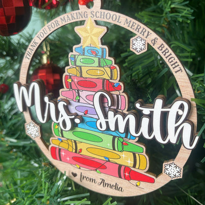 Personalized Teacher Ornament Crayon Christmas Tree, Thank You Gift, Teacher Christmas Ornament Keepsake Gift, Teacher Appreciation Gifts