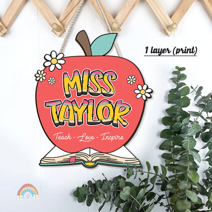 Personalized 3D Teacher Door Hanger Apple Name Sign, Teacher Christmas Gift, Teacher Welcome Sign Office Door, Teacher Appreciation Gifts