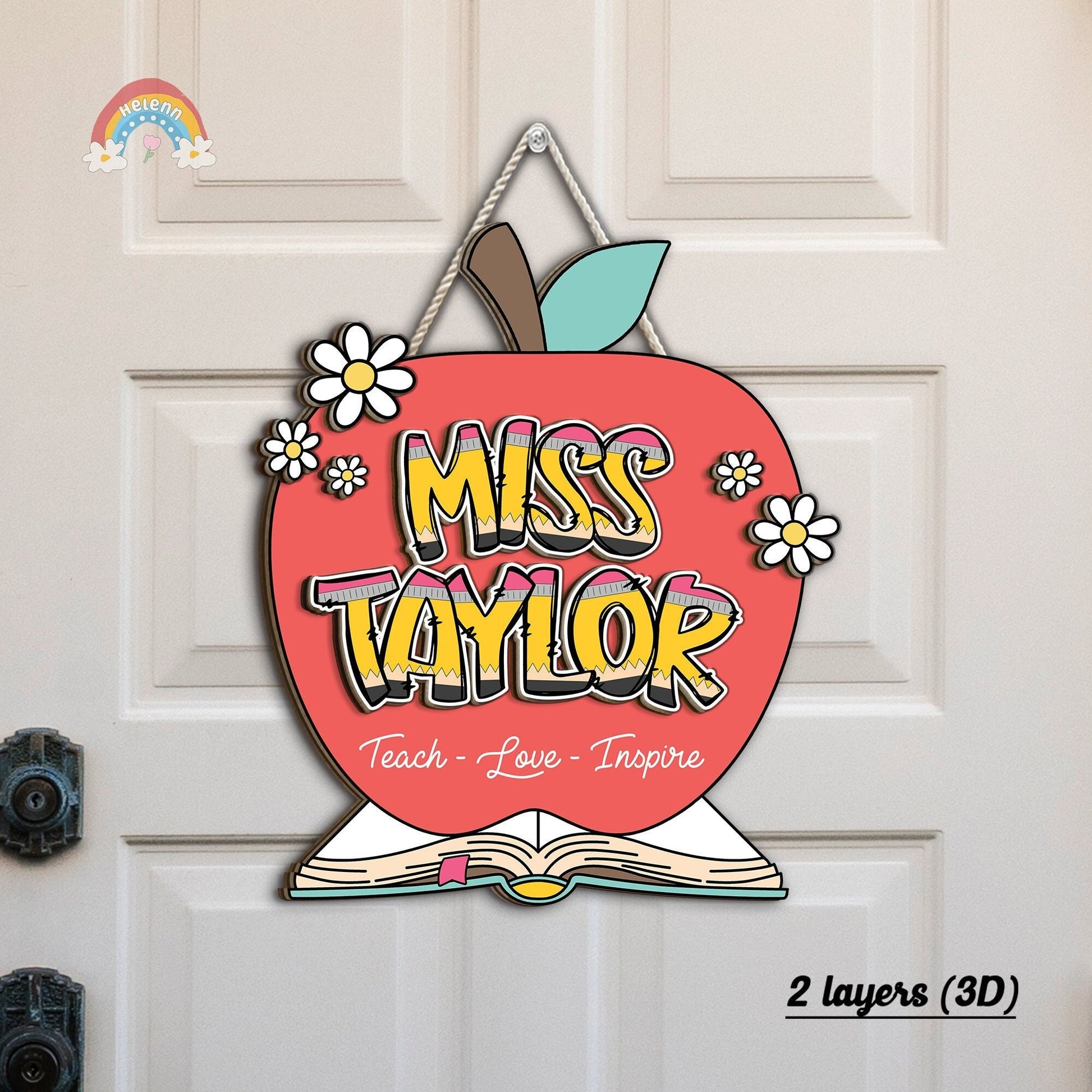 Personalized 3D Teacher Door Hanger Apple Name Sign, Teacher Christmas Gift, Teacher Welcome Sign Office Door, Teacher Appreciation Gifts