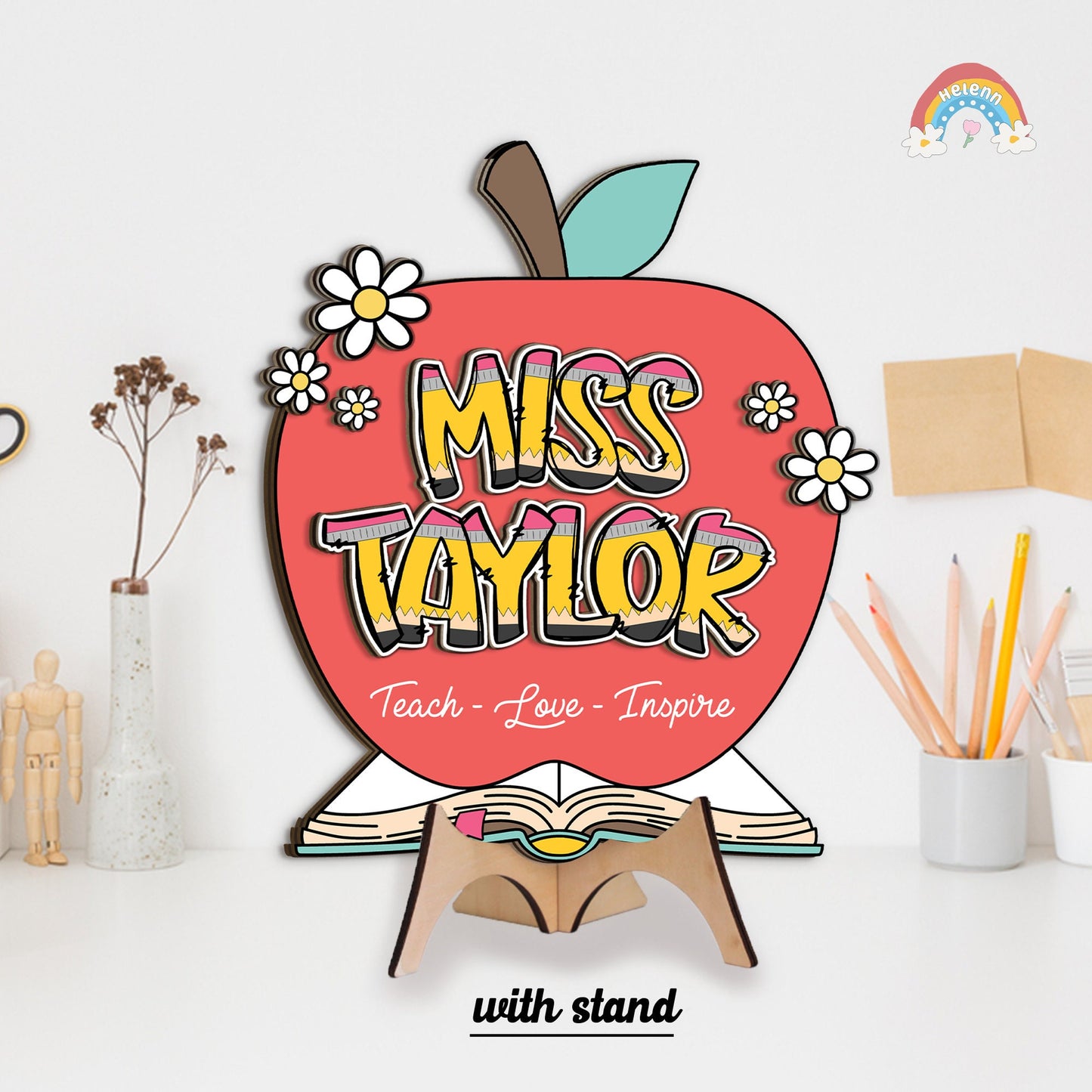 Personalized 3D Teacher Door Hanger Apple Name Sign, Teacher Christmas Gift, Teacher Welcome Sign Office Door, Teacher Appreciation Gifts