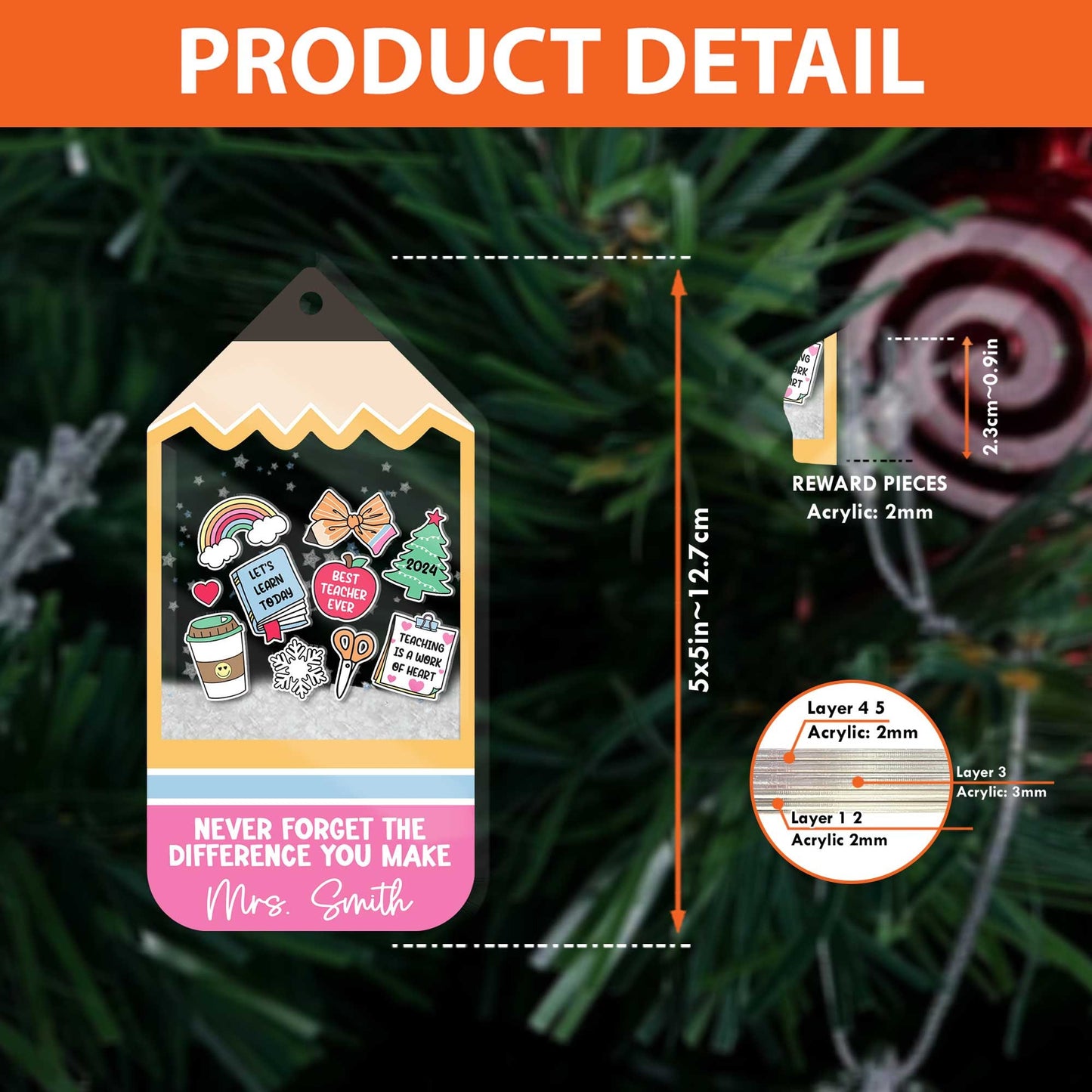 Whimsical ornament shaped like a holiday tag, personalized with Mrs. Smith’s name and featuring fun classroom icons like a coffee cup and book. The shakeable snow and heartfelt message make it a special gift for teachers.