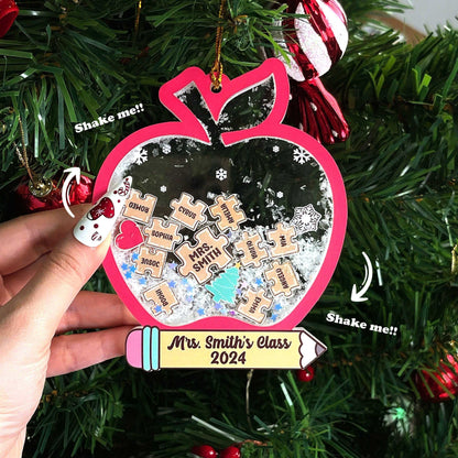 Playful and festive apple-shaped ornament with student names engraved on puzzle pieces, celebrating Mrs. Smith’s Class of 2024. The shakeable snow inside adds a fun and interactive holiday touch.