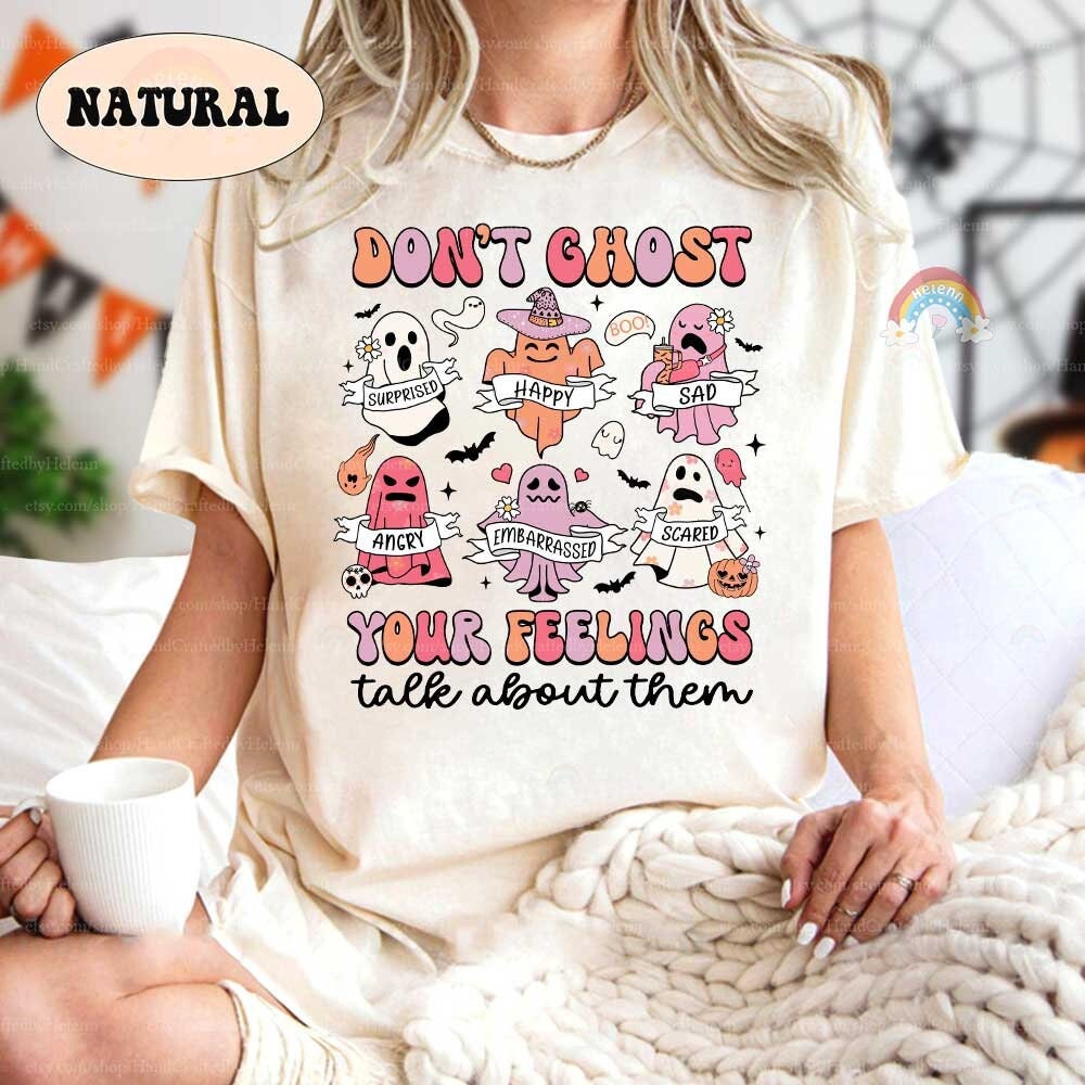 Expressive ghost-themed design with the phrase Don’t Ghost Your Feelings, highlighting the need to discuss emotions openly.