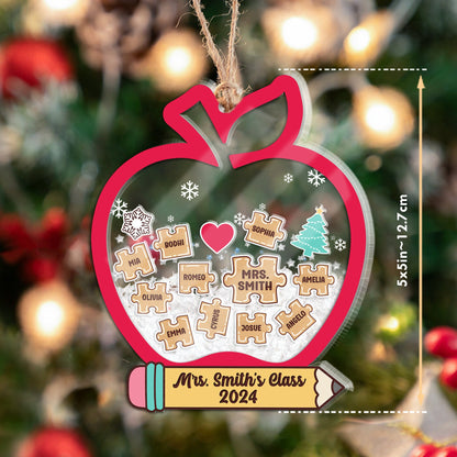 This personalized teacher ornament features an apple design with puzzle pieces for each student in Mrs. Smith’s Class 2024. The interactive shakeable snow adds extra charm to this thoughtful holiday gift.